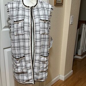 JustFab Black and White Checkered Vest with fringe